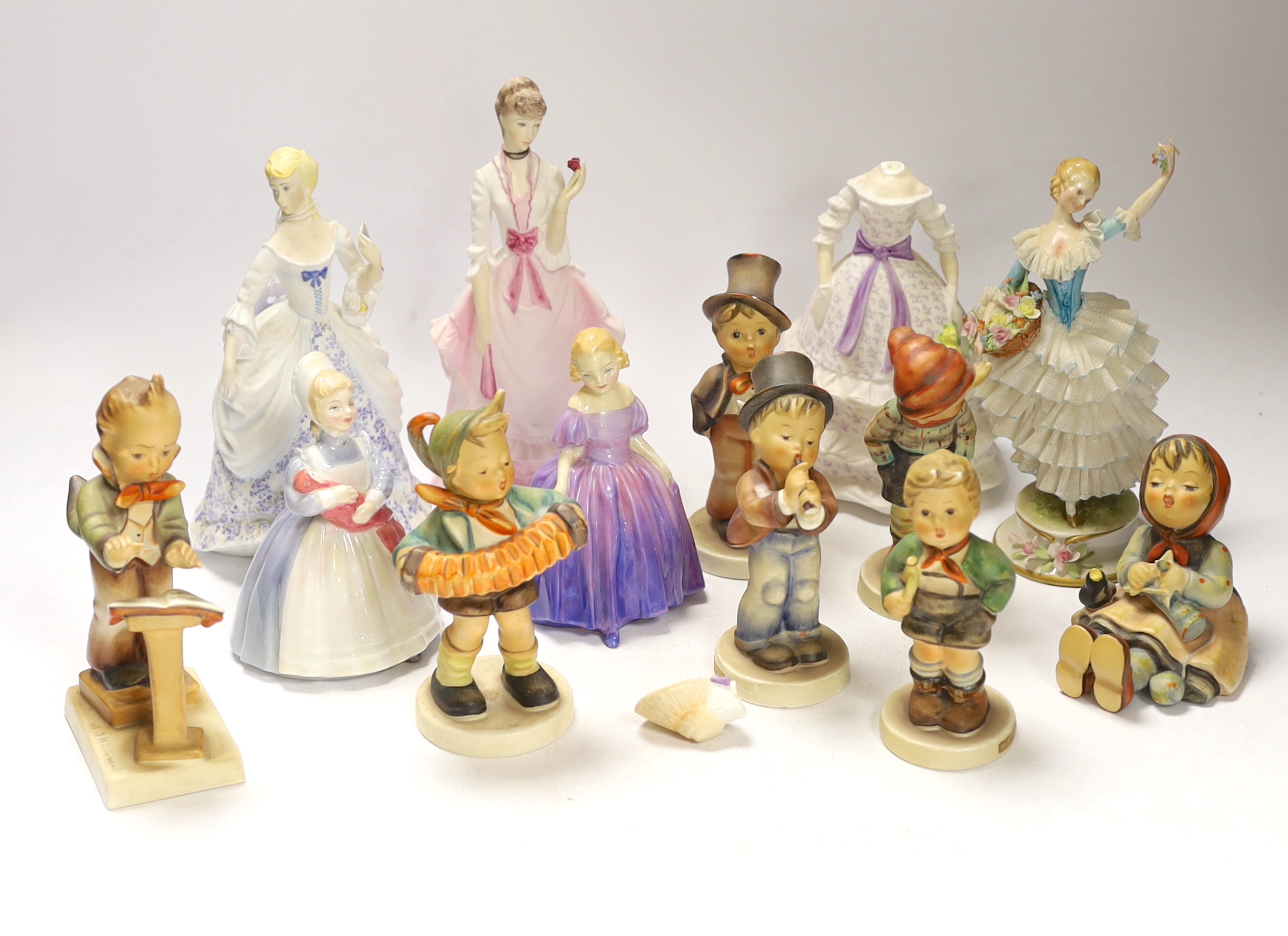 Two Doulton figures, three Worcester figures, Goebel figures and a continental figure